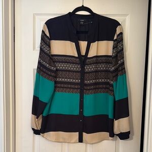 Alfani Black and Teal Striped long sleeve sheer Blouse.  NWT
